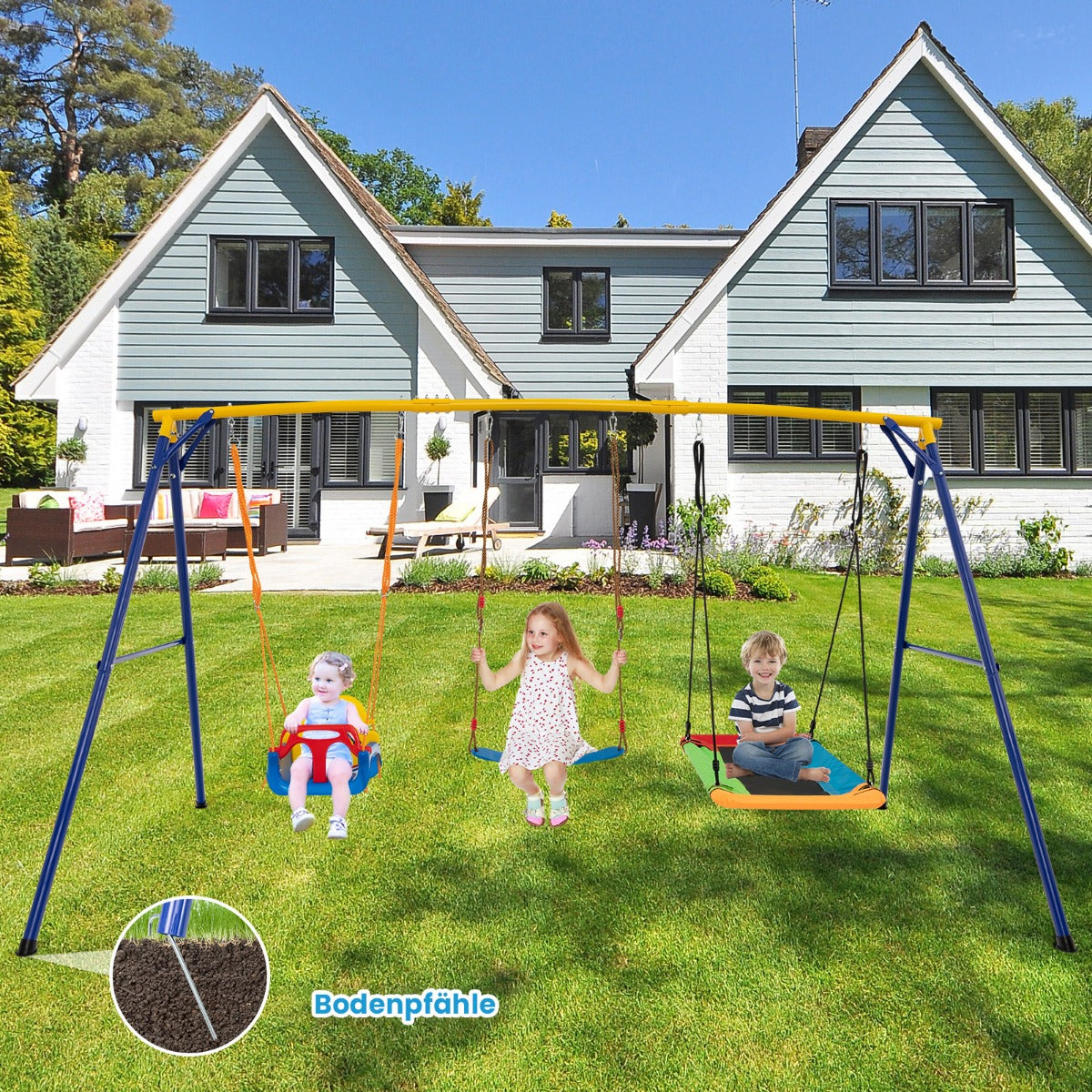 Gungställning – med bo elastisk barngunga och babygunga gul + – 350 x 182 x 195 cm – Färgglad