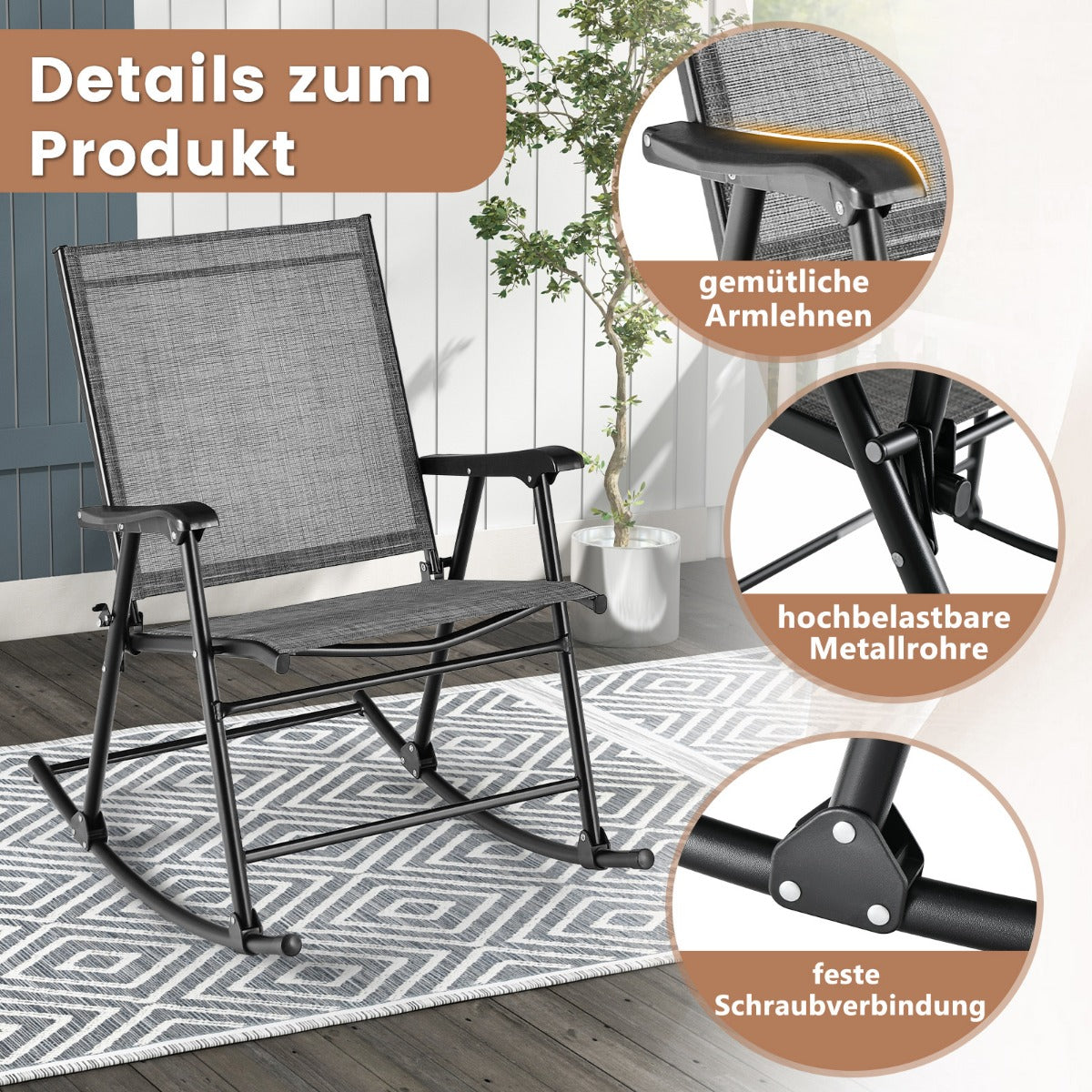 Fällbara – gungstolar set om trädgårdsstolar med ventilerande sitstyg – 2 82 x 64 x 91 cm – Grå