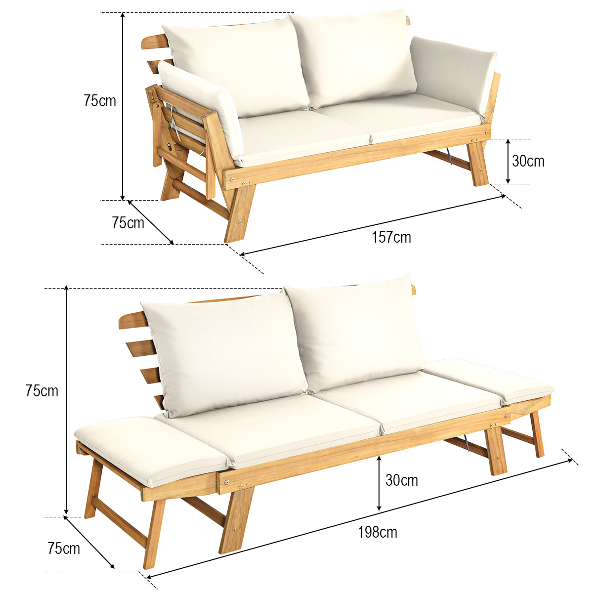 Bäddsoffa – för terrassen Dagbädd av akaciaträ – 198 x 75 x 75 cm – Vit