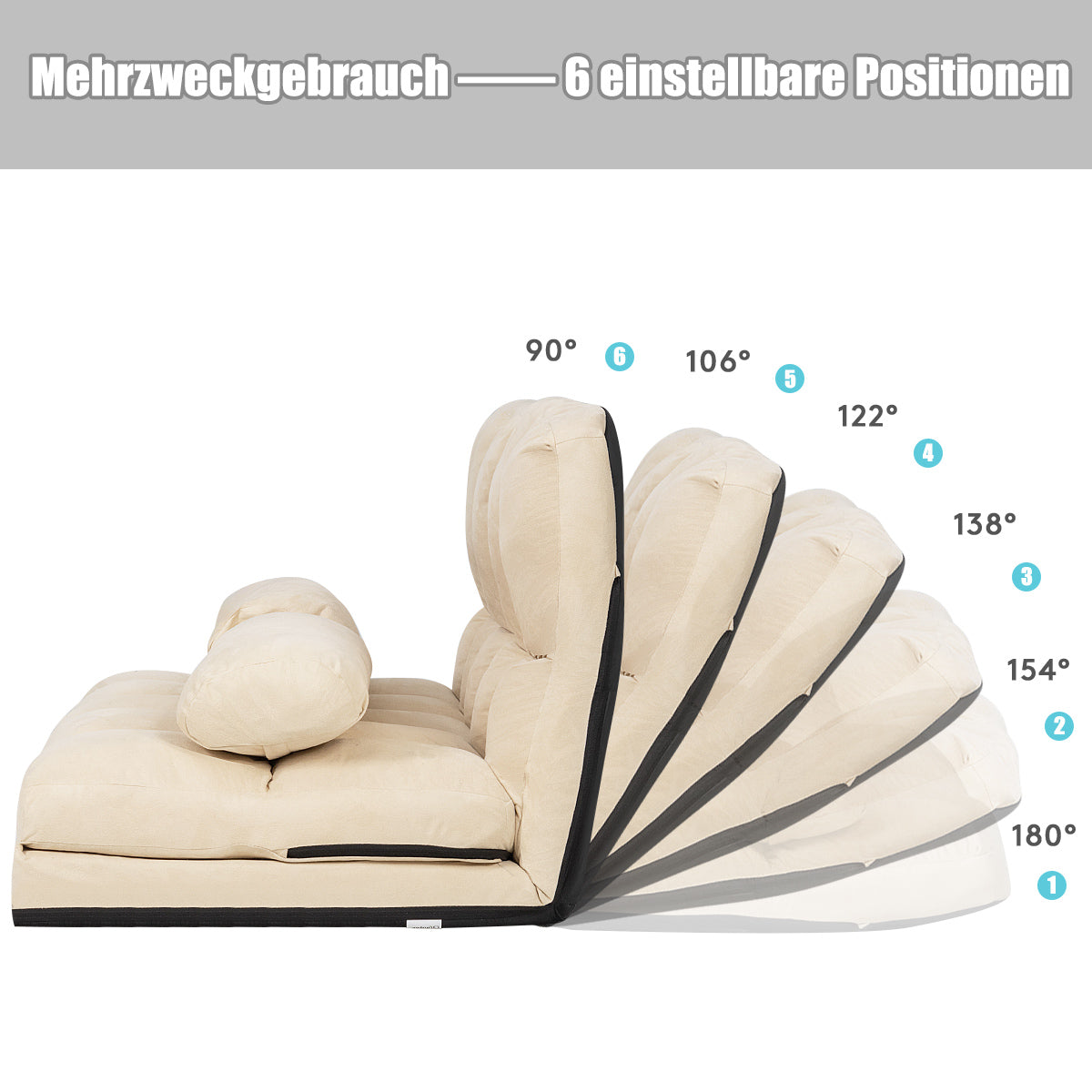Bäddsoffa – med kuddar nivå justerbart ryggstöd – 2 6 180 x 113 x 10 cm – Beige