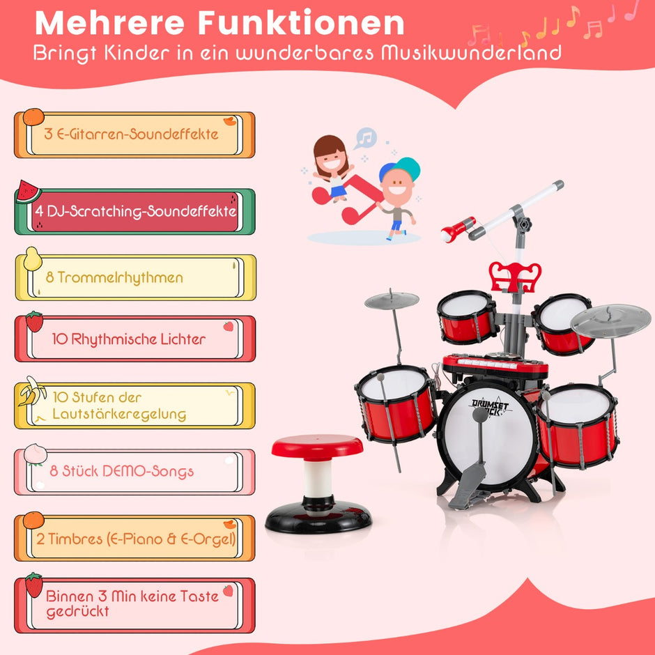 Trum – för barn med klaviaturpall Mikrofon Musikställ – Röd