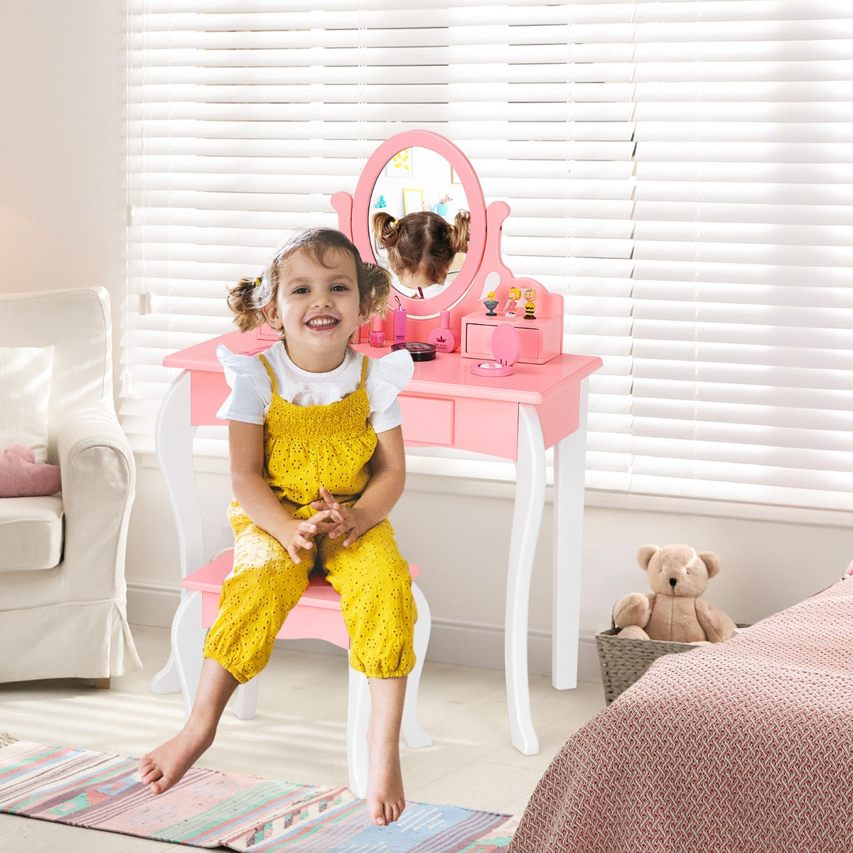 Sminkbord – för barn med Pall Princess lådor och Spegel – 3 – Rosa