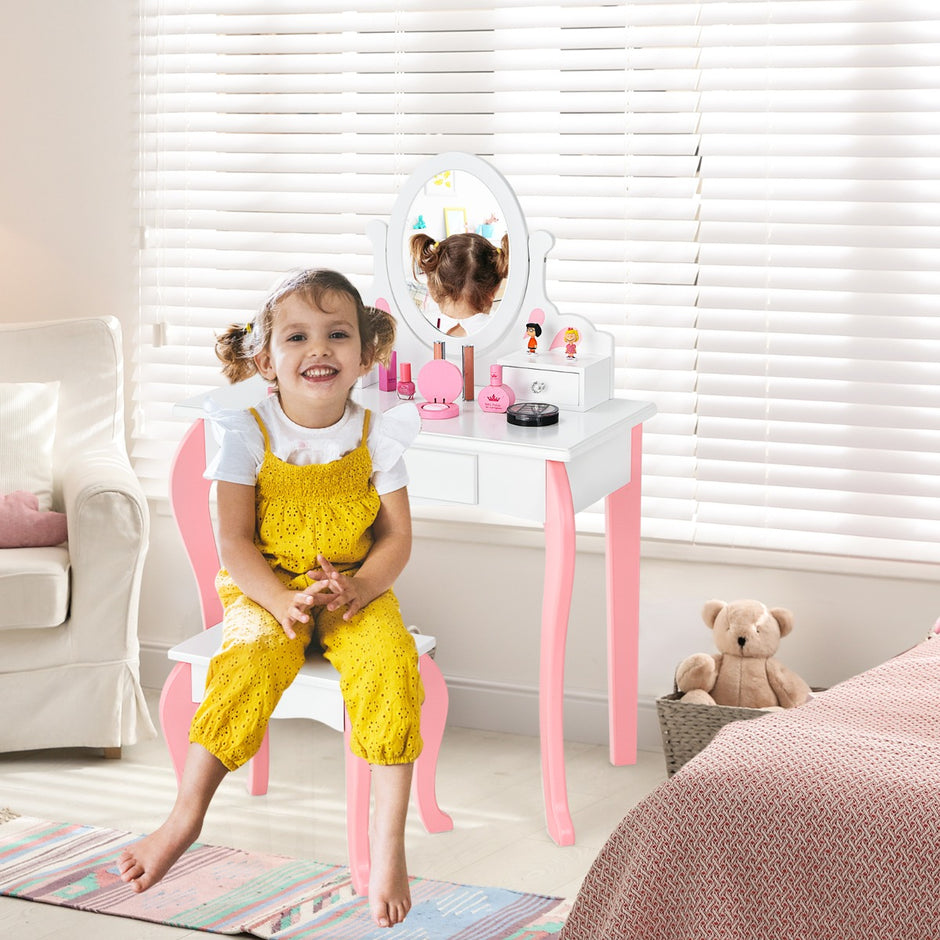 Sminkbord – för barn med Pall Princess lådor och Spegel – 3 – Vit