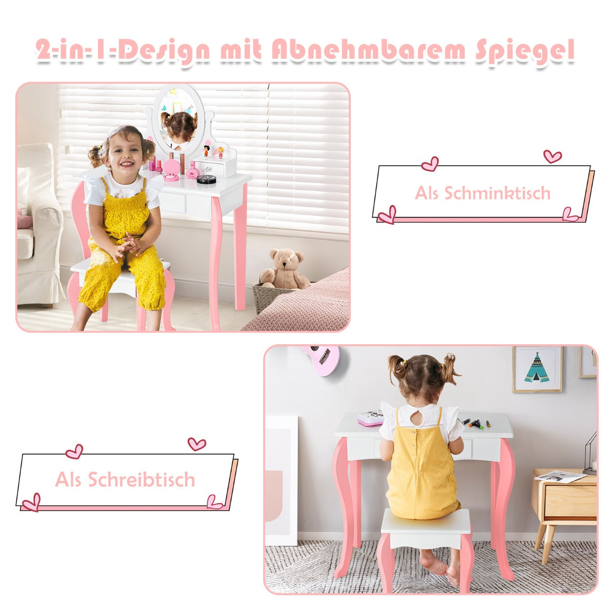 Sminkbord – för barn med Pall Princess lådor och Spegel – 3 – Vit