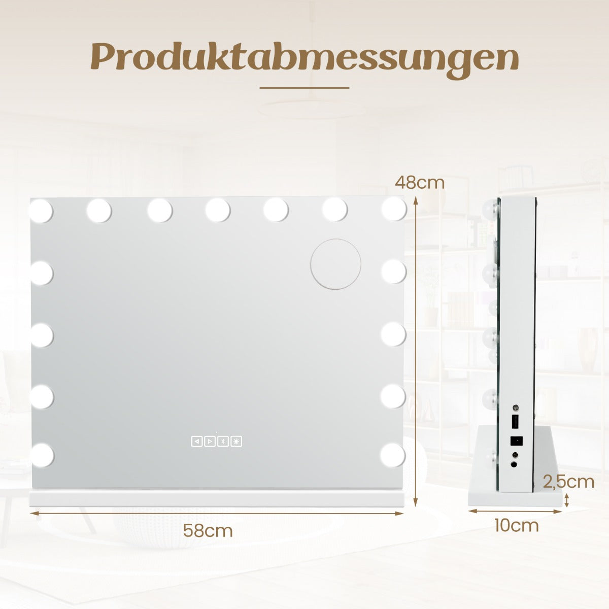 Hollywood – spegel med belysning USB laddningsport och Bluetooth högtalare för sovrum – 58 x 46 cm – Vit