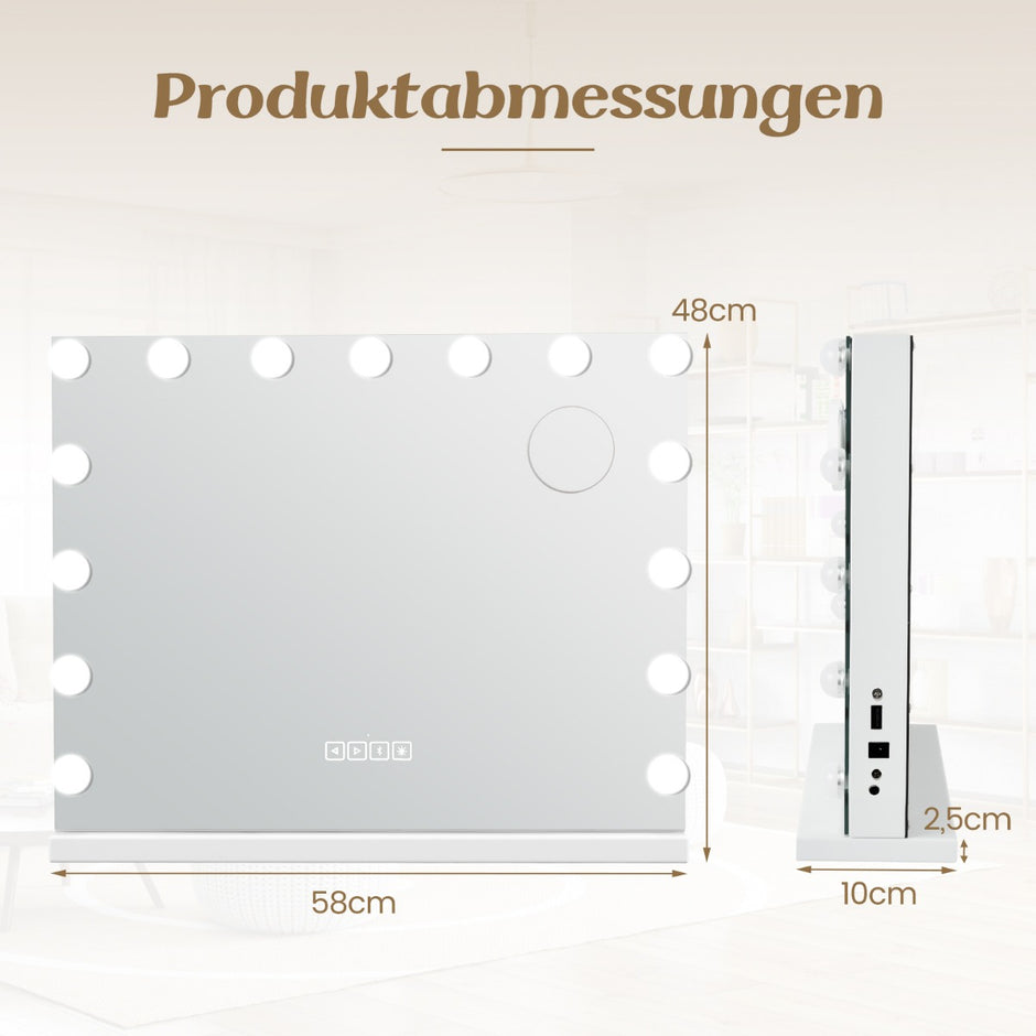 Hollywood – spegel med belysning USB laddningsport och Bluetooth högtalare för sovrum – 58 x 46 cm – Vit