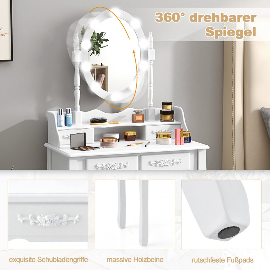 Sminkbord – med LED belysning justerbar ljusstyrka lådor – 4 – Vit