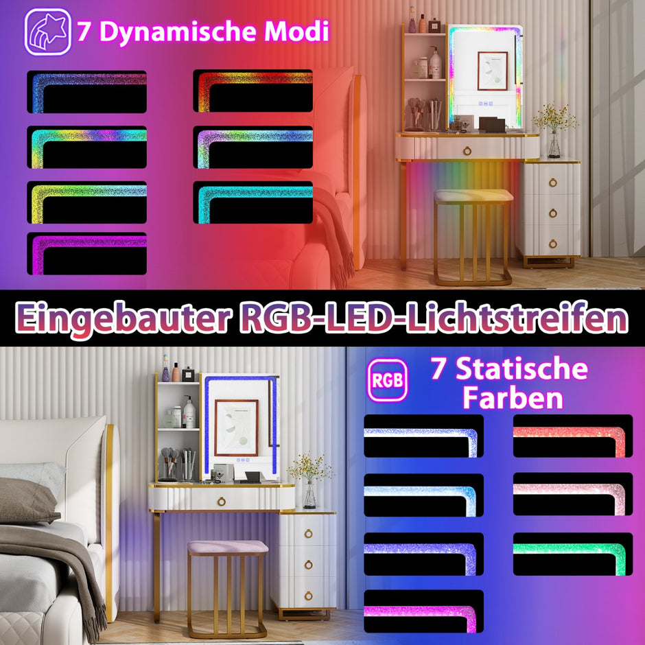 Sminkbord – med dynamiska och statiska dimbara LED belysning – 7 7 – Vit