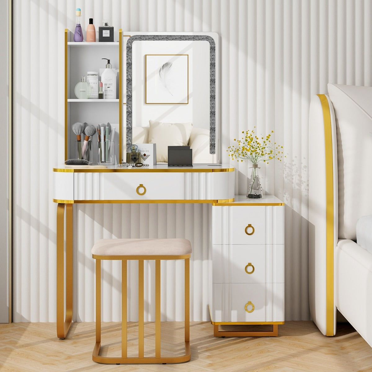 Sminkbord – med dynamiska och statiska dimbara LED belysning – 7 7 – Vit