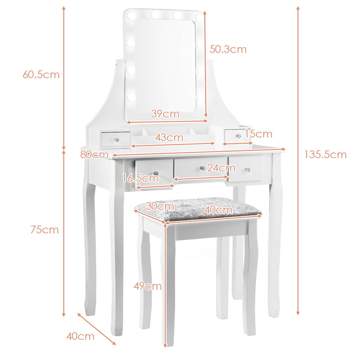 Sminkbord – med rektangulär spegel och toalettbord – 80 x 40 x 135,5 cm – Vit
