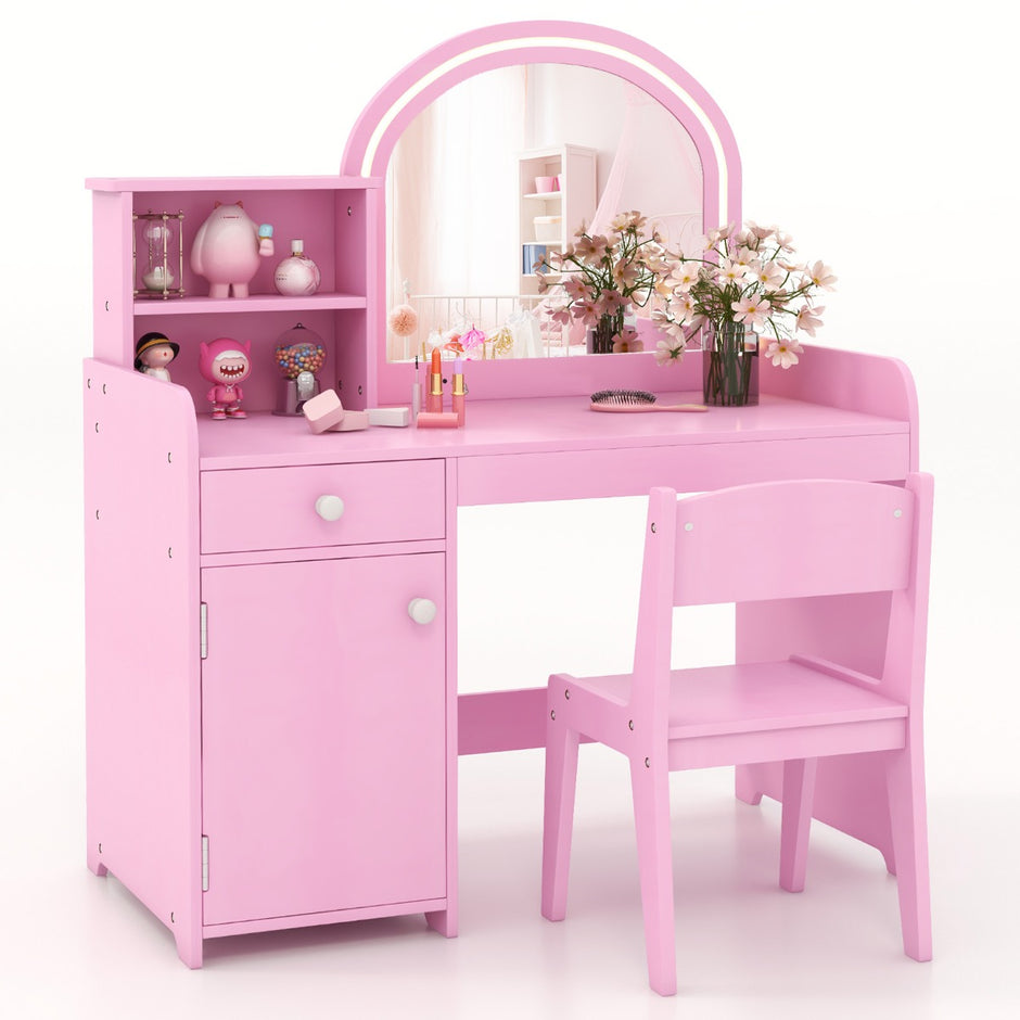 i – sminkbord för barn med pall och LED lampor spegel låda kosmetiskt – 2 1 – Rosa