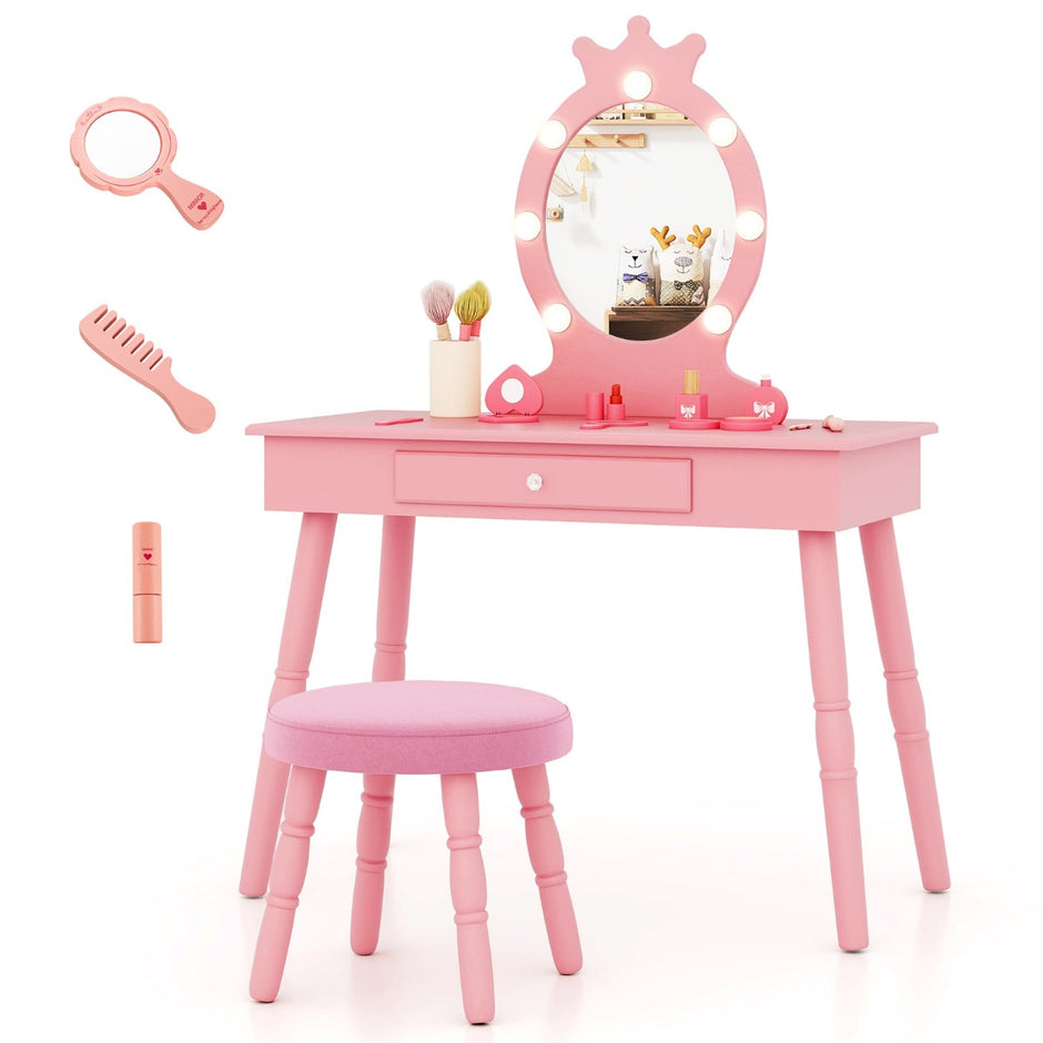 Sminkbord – Barn med Belysning i Princess avtagbar spegel – 2 1 – Rosa