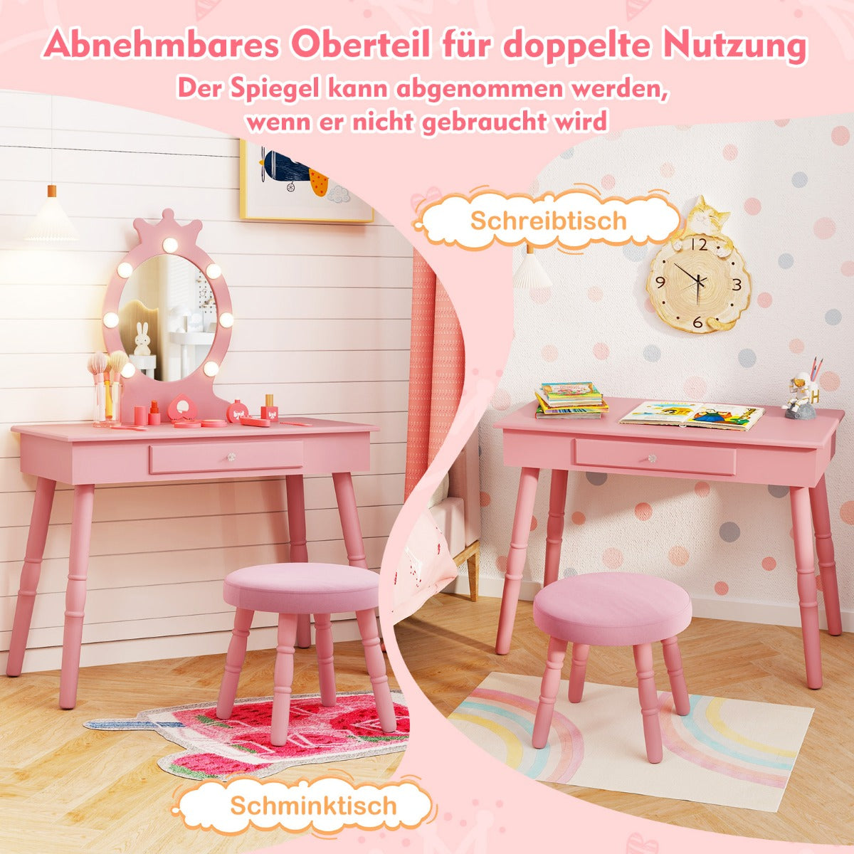 Sminkbord – Barn med Belysning i Princess avtagbar spegel – 2 1 – Rosa