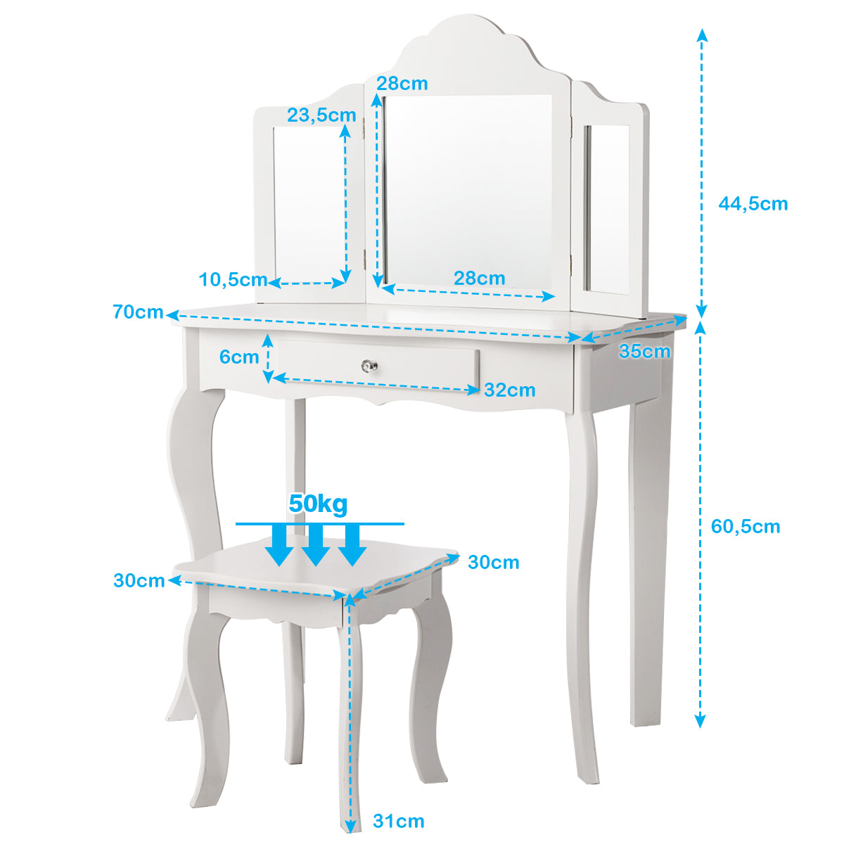 Sminkbord – och pallset för barn med lådspegel – 70 x 34 x 103 cm – Vit