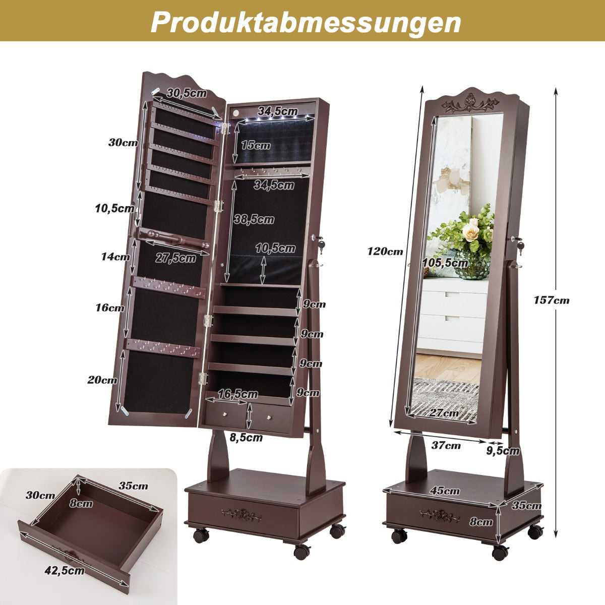 Smyckesskåp – Spegelskåp med fullängdsspegel och lådor LED – Brun
