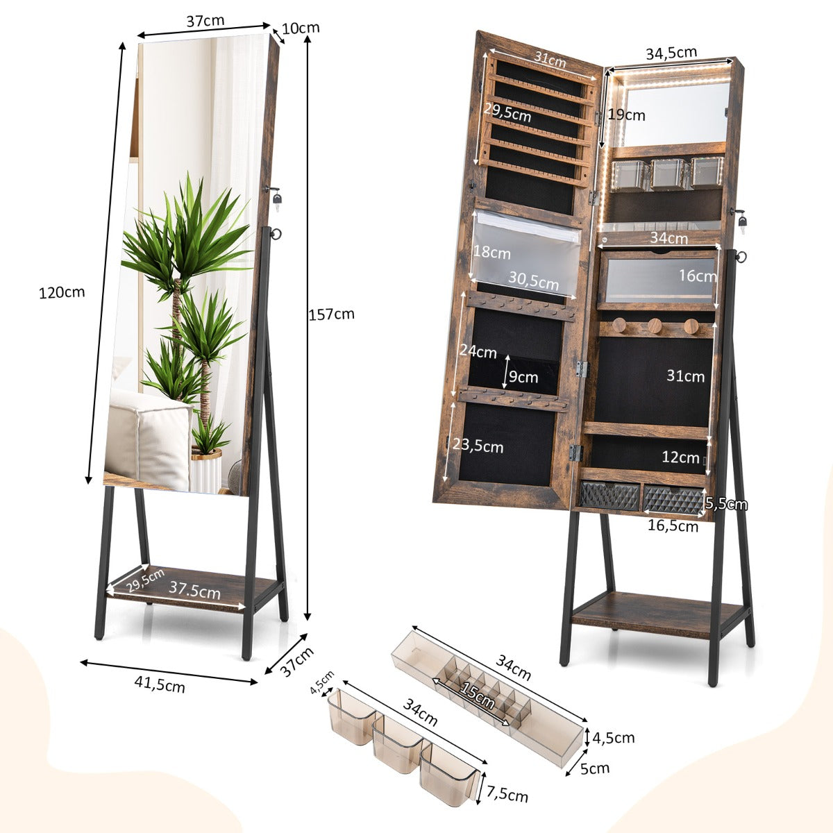 Smyckesskåp – med spegel och färgad LED belysning – 3 41,5 x 37 x 157 cm – Rustik brun