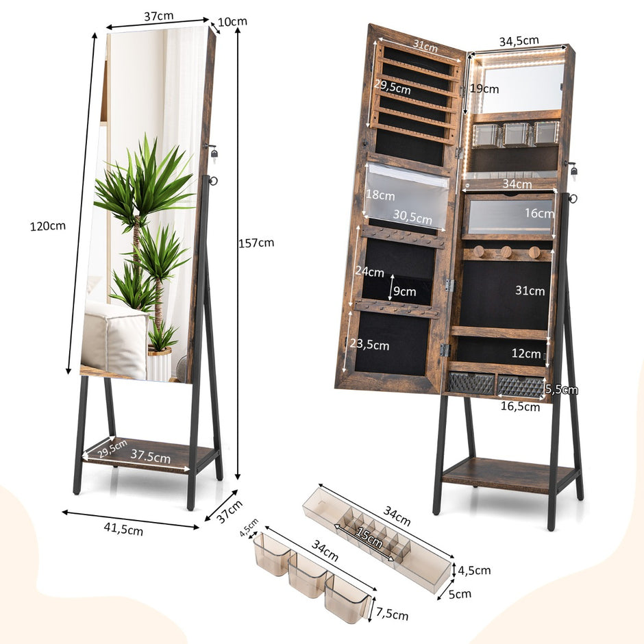 Smyckesskåp – med spegel och färgad LED belysning – 3 41,5 x 37 x 157 cm – Rustik brun