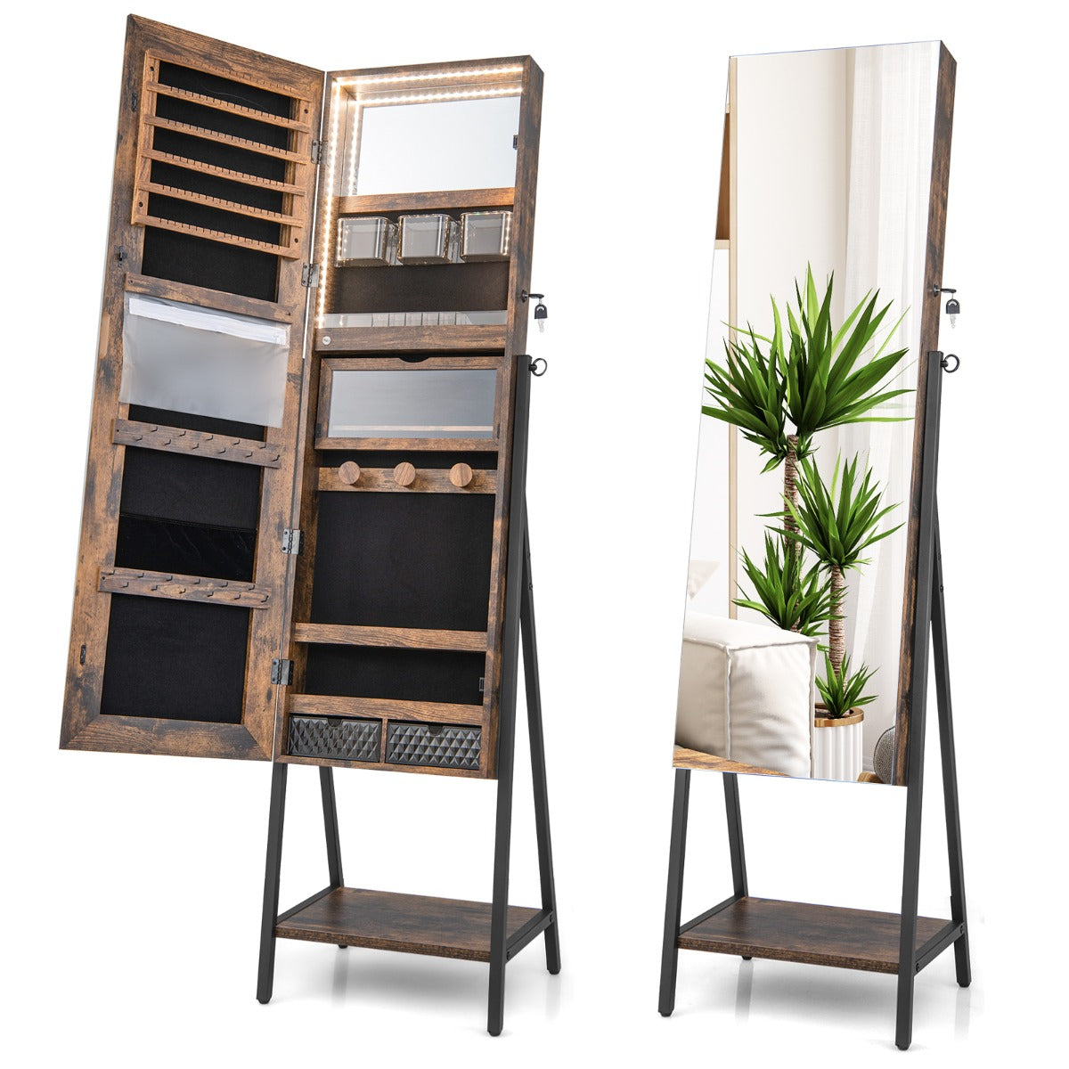 Smyckesskåp – med spegel och färgad LED belysning – 3 41,5 x 37 x 157 cm – Rustik brun