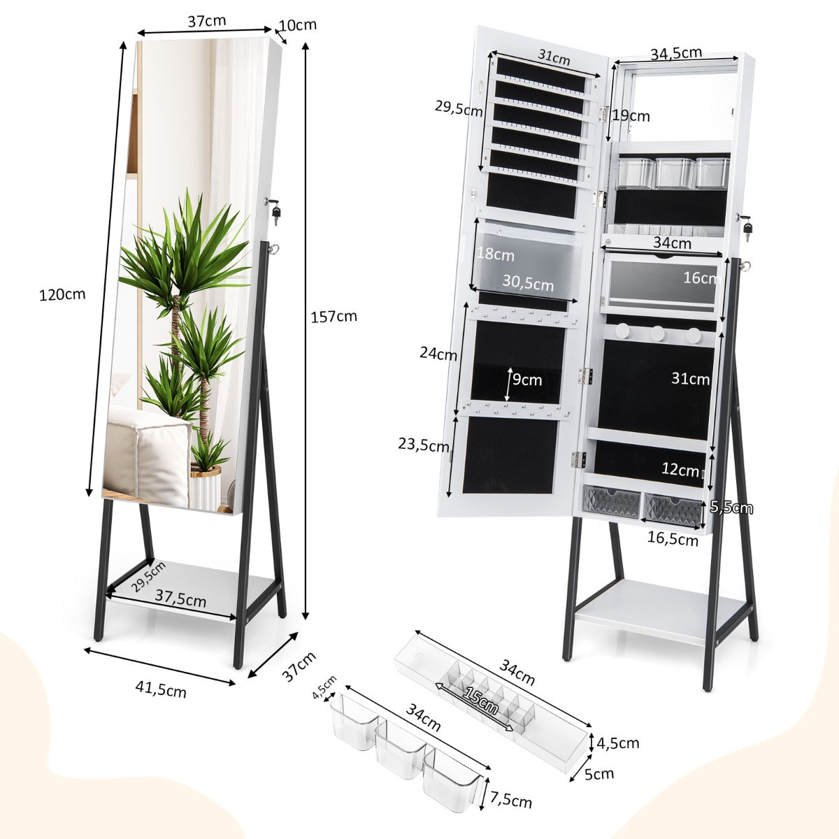 Smyckesskåp – med spegel och färgad LED belysning – 3 41,5 x 37 x 157 cm – Vit