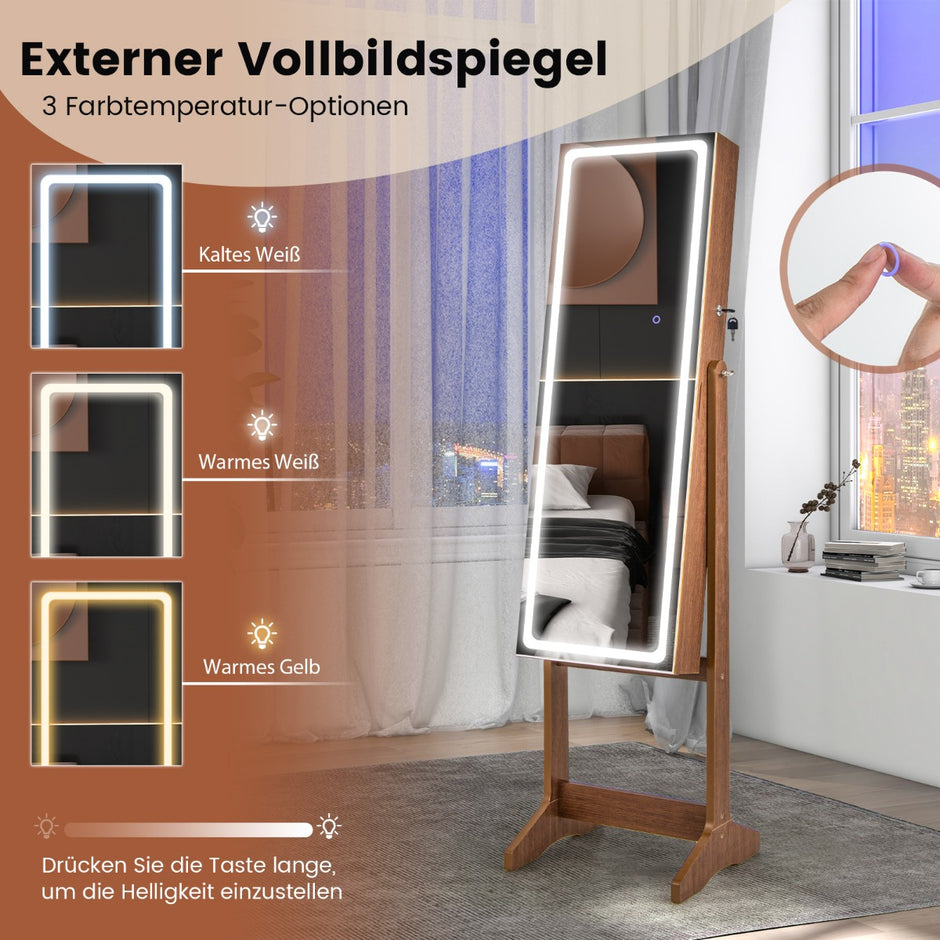 Smyckesskåp – med spegel och färgad LED belysning Smyckeshylla – 3 – Brun