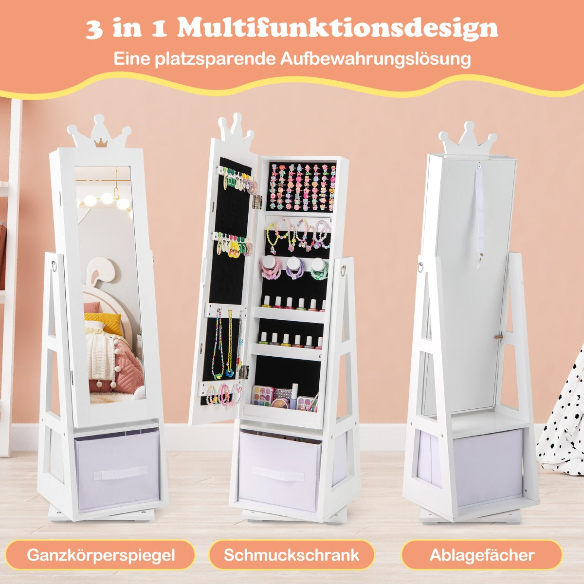 i – smyckesskåp för barn med fullängdsspegel och förvaringskorg Smyckesställ – 3 1 – Vit