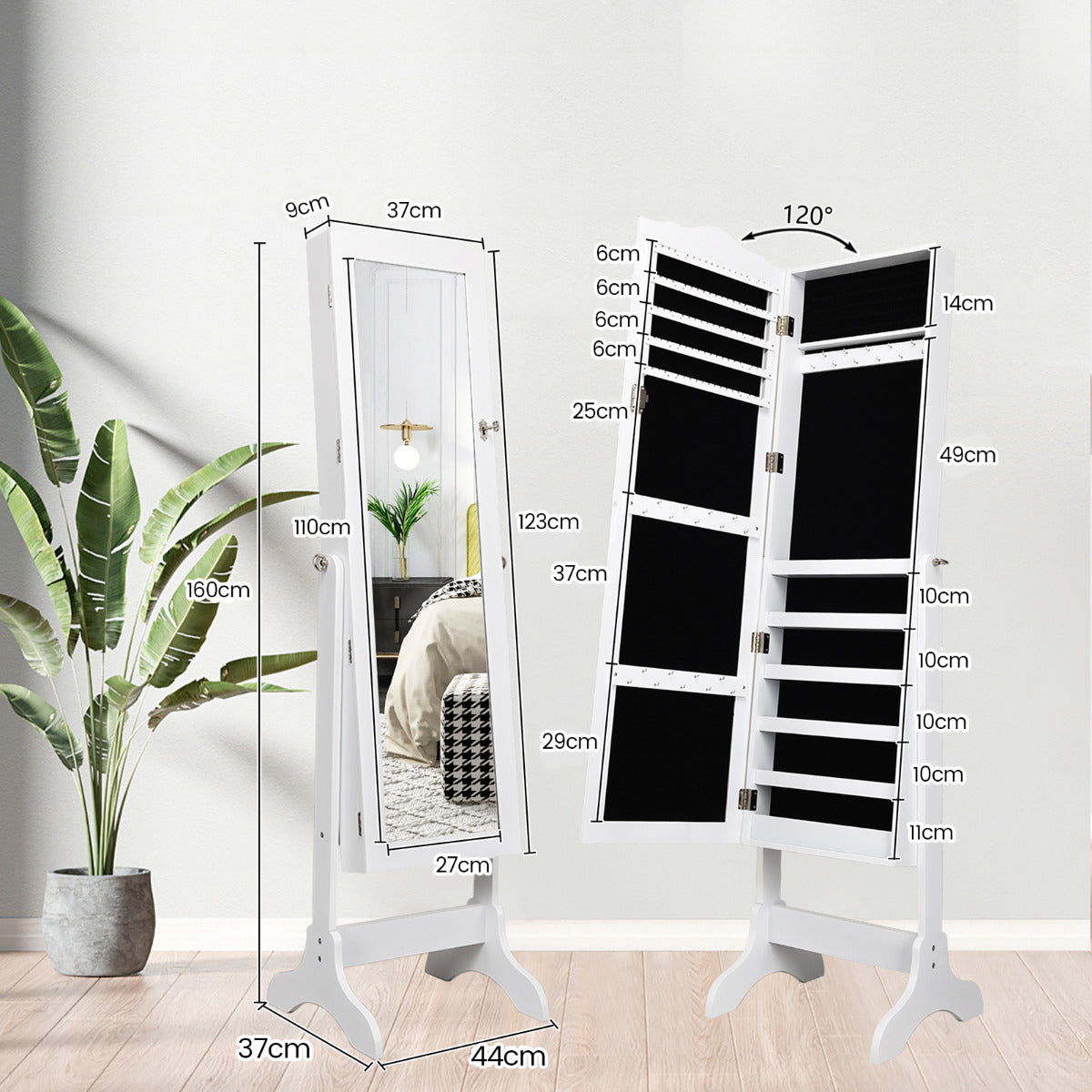 Låsbart – smyckesskåp Stående design med justerbar vinkel fullängdsspegel – 45 x 37 x 160 cm – Vit