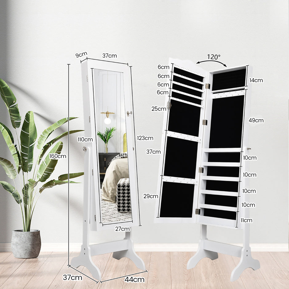Låsbart – smyckesskåp Stående design med justerbar vinkel fullängdsspegel – 45 x 37 x 160 cm – Vit