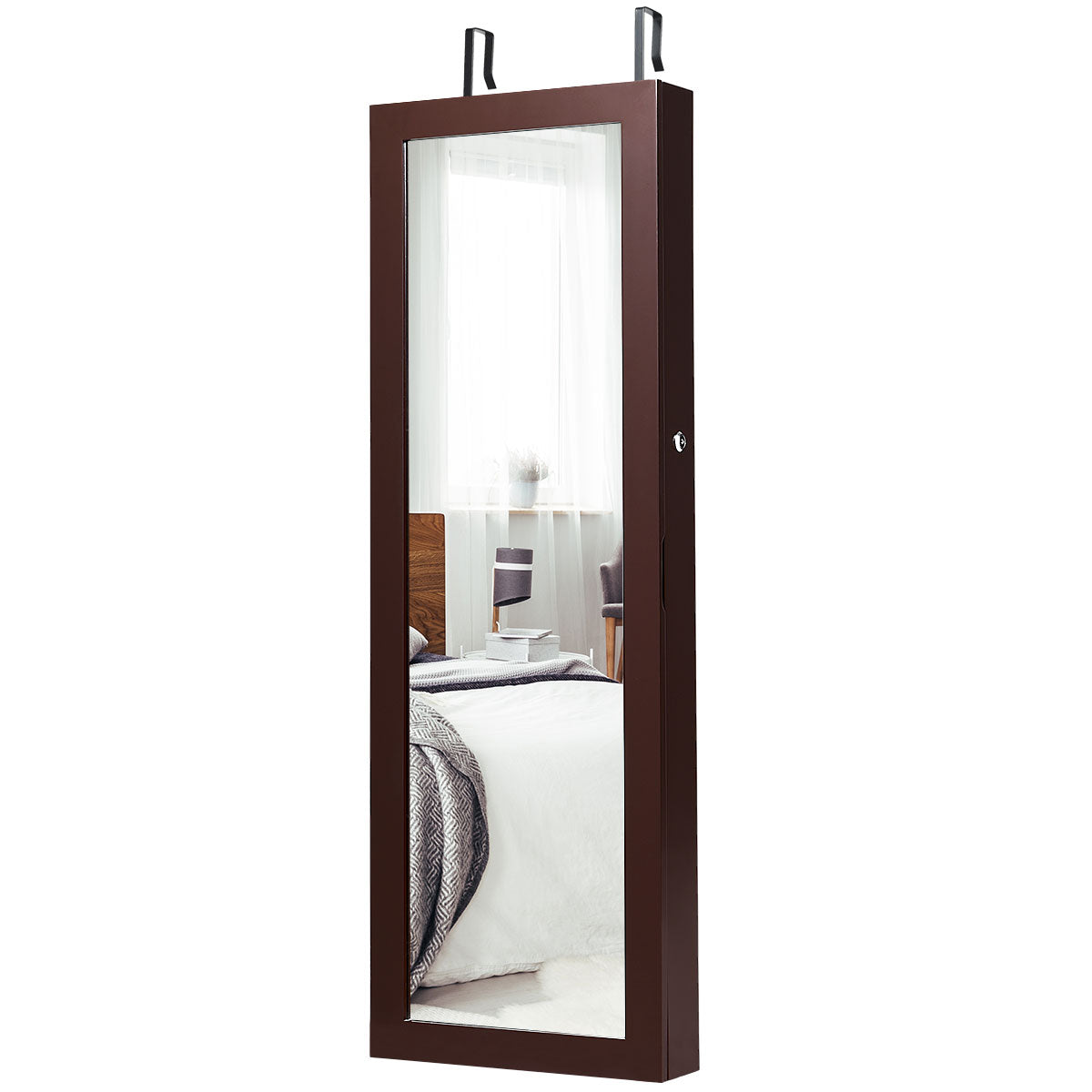 Låsbart – LED smyckesskåp med fullängdsspegel – 37 x 9,5 x 108 cm – Brun