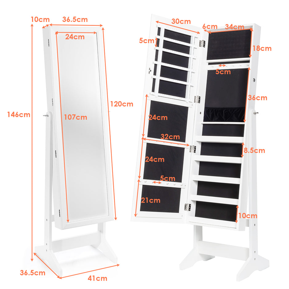 Smyckesskåp – med fullängdsspegel Smyckesställ – 41 x 36,5 x 146 cm – Vit