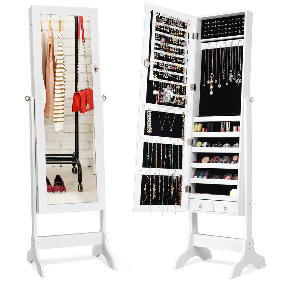 Smyckesskåp – Låsbart Smyckesspegelskåp med – 46 x 37 x 156 cm – Vit
