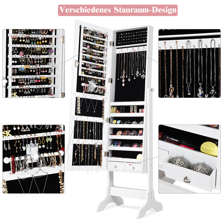 Smyckesskåp – Låsbart Smyckesspegelskåp med – 46 x 37 x 156 cm – Vit