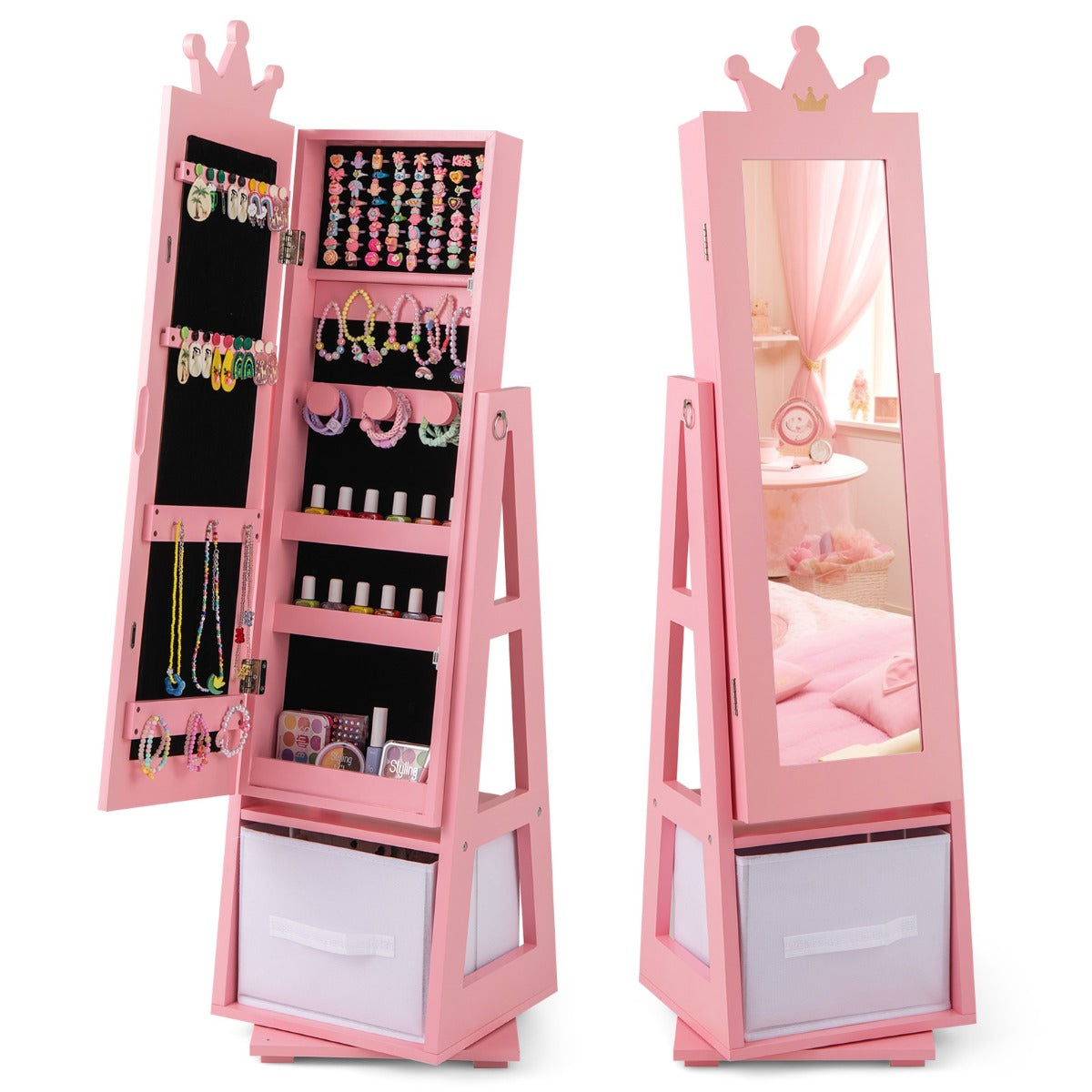 Smyckesskåp – för barn i Spegelskåp Tiltbart med fullängdsspegel – 2 1 31,5 x 30 x 115 cm – Rosa