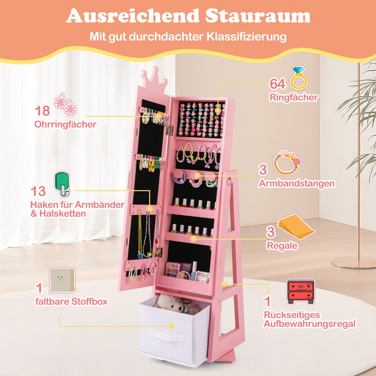 Smyckesskåp – för barn i Spegelskåp Tiltbart med fullängdsspegel – 2 1 31,5 x 30 x 115 cm – Rosa