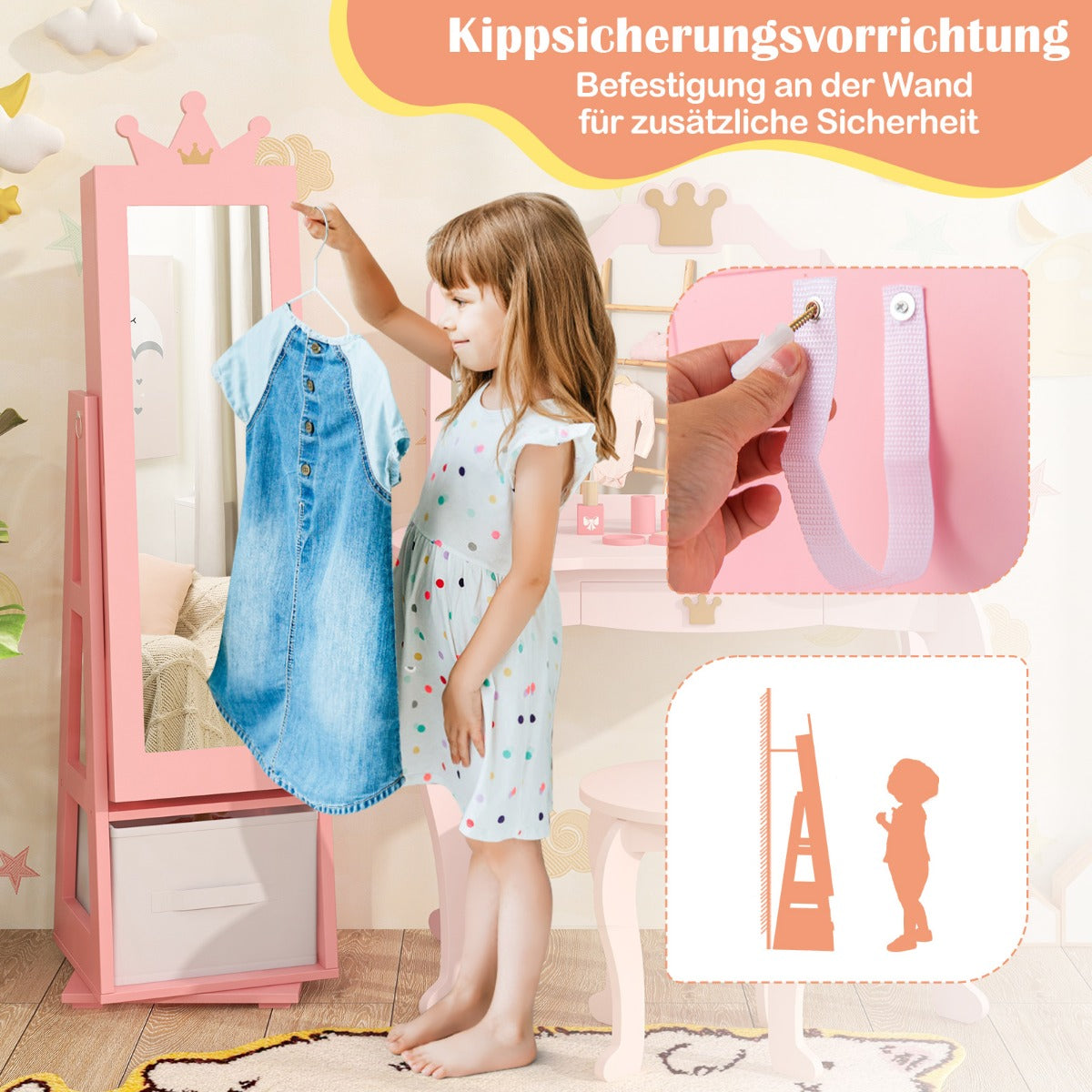 Smyckesskåp – för barn i Spegelskåp Tiltbart med fullängdsspegel – 2 1 31,5 x 30 x 115 cm – Rosa