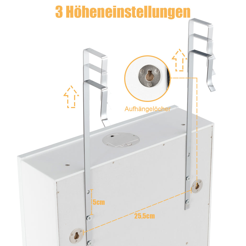 Smyckesskåp – med LED Låsbar vägg/dörr spegel och lådor – 6 – Vit