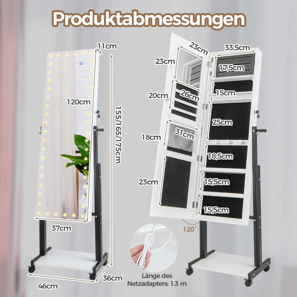Smyckesskåp – med hjul i spegelskåp färgade LED lampor och justerbar höjd – 4 1 3 – Vit