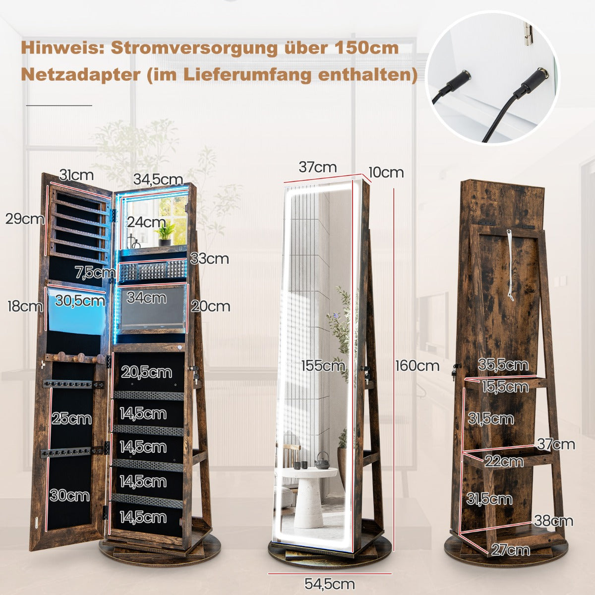 Smyckesskåp – med spegel justerbara LED lampor Vintage – 54,5 x 54,5 x 160 cm – Rustik brun
