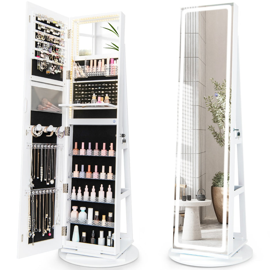 Smyckesskåp – med spegel justerbara LED lampor – 54,5 x 54,5 x 160 cm – Vit