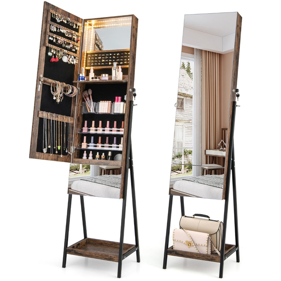 Smyckesskåp – med spegel Låsbart färgade LED belysning – 3 41 x 35 x 166 cm – Brun
