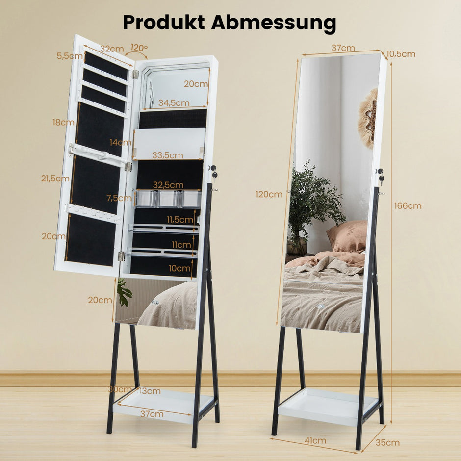 Smyckesskåp – med spegel Låsbart färgade LED belysning – 3 41 x 35 x 166 cm – Vit