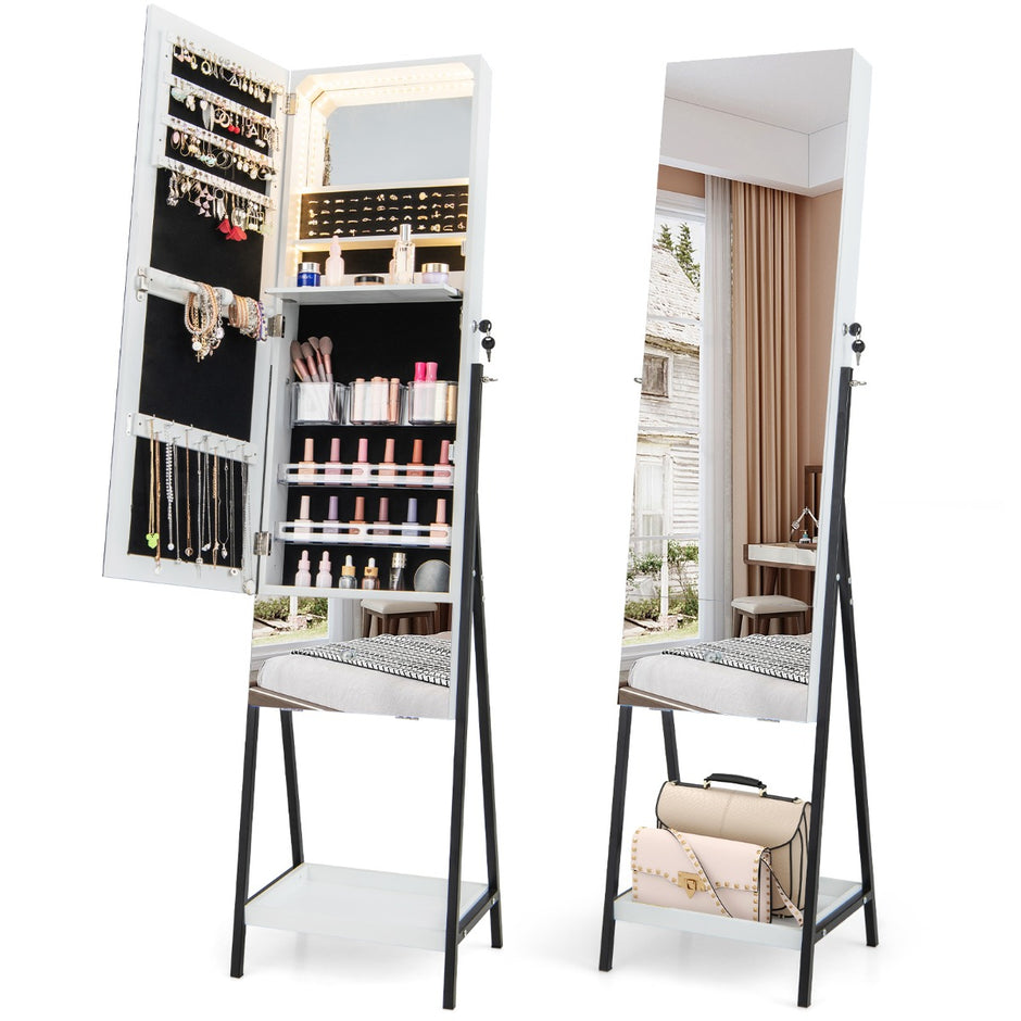 Smyckesskåp – med spegel Låsbart färgade LED belysning – 3 41 x 35 x 166 cm – Vit