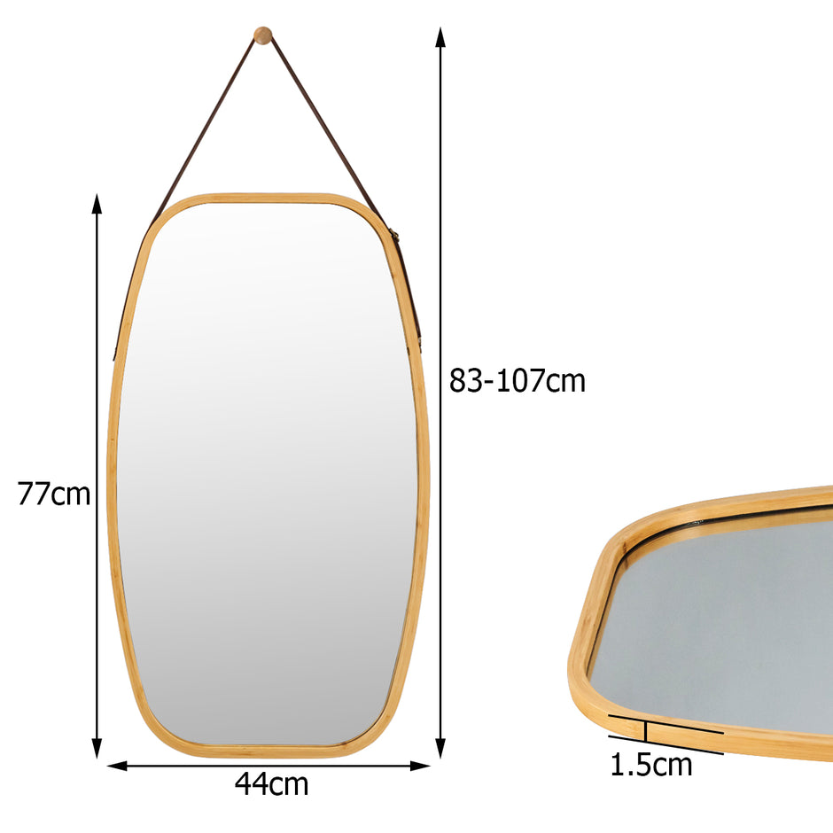 Smyckesspegel – med bamburam och justerbart läderband – 77 x 44 x 1,5 cm – Natur