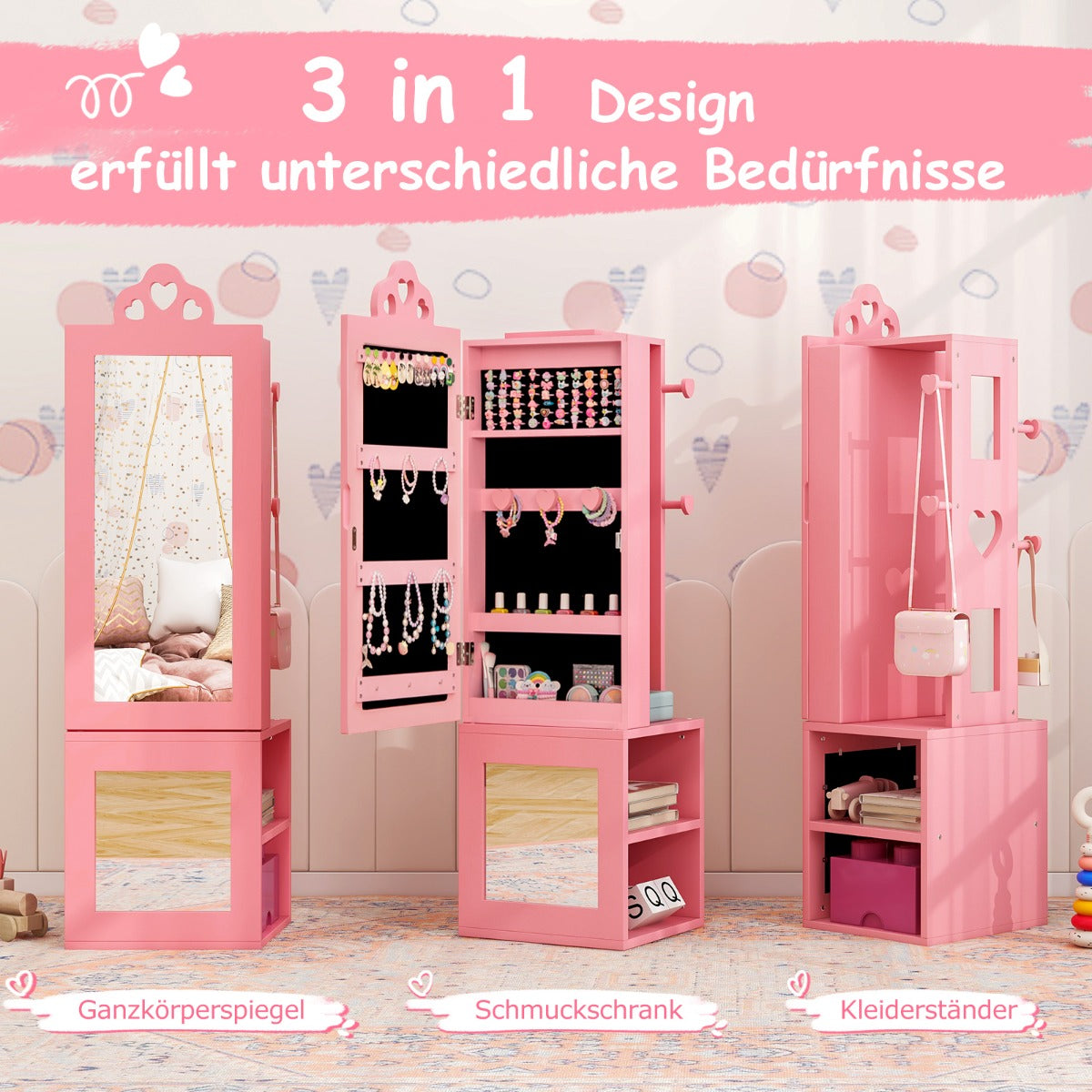 i – spegelskåp med fullängdsspegel och klädhylla Smyckesskåp för barn – 3 1 – Rosa