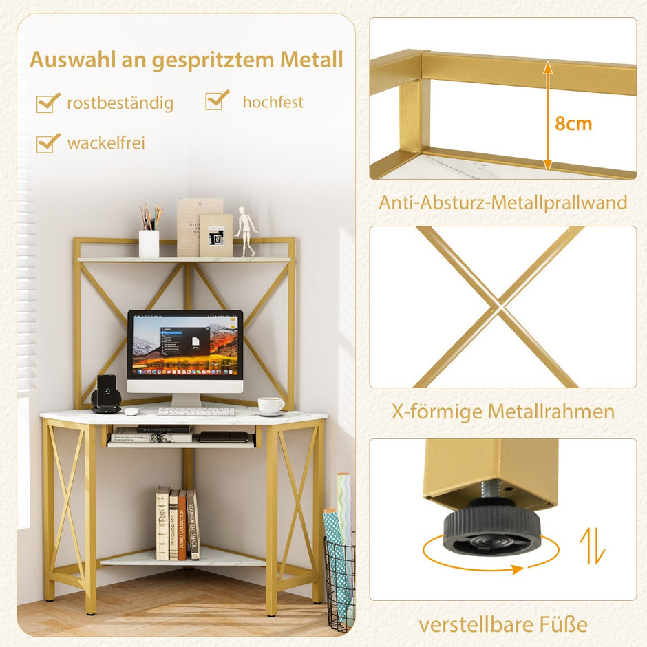 Skrivbord – med laddstation Hörndatorbord tangentbordshylla och hyllor + – 2 113 x 75 x 145 cm – Vit