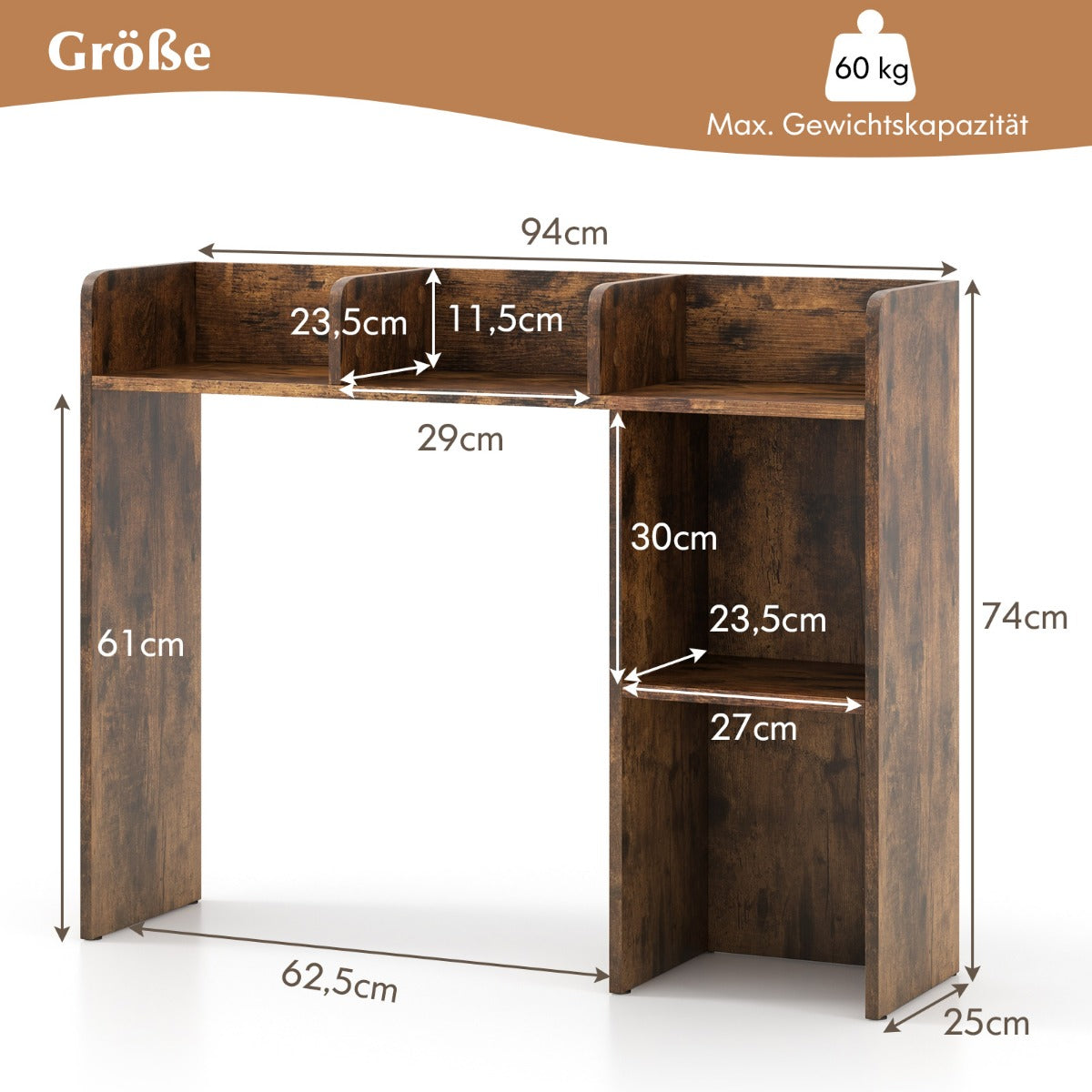 Skrivbordshylla – med hyllor och öppet fack Rustikbrun – 4 94 x 25 x 74 cm – Rustik brun
