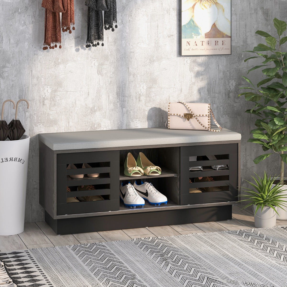 i – bänk och skoställ med fack justerbara hyllor – 2 1 6 3 99,5 x 34,5 x 46 cm – Grå