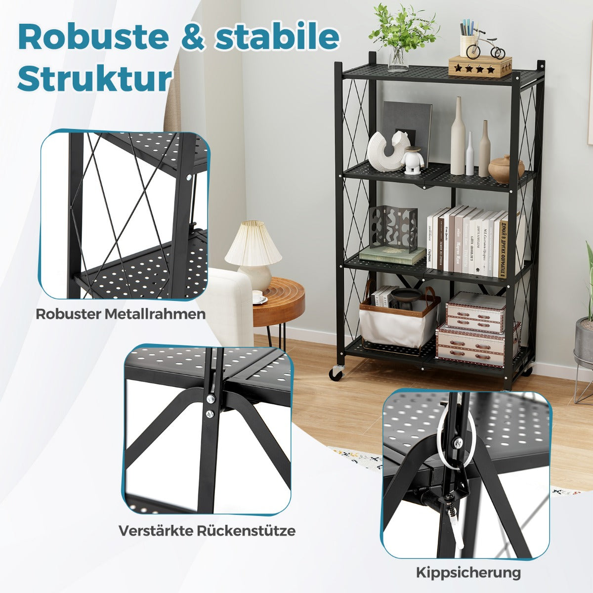 Kraftig – hopfällbar hylla våningar med låsbara hjul – 4 71 x 34 x 126 cm – Svart