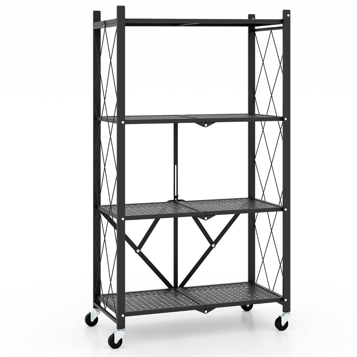 Kraftig – hopfällbar hylla våningar med låsbara hjul – 4 71 x 34 x 126 cm – Svart