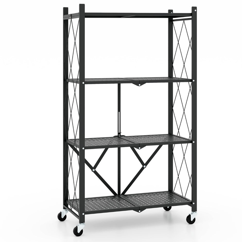Kraftig – hopfällbar hylla våningar med låsbara hjul – 4 71 x 34 x 126 cm – Svart