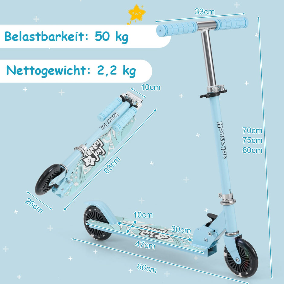Barnsparkcykel – med LED hjul och hopfällbart styre Höjdjusterbar – Ljusblå